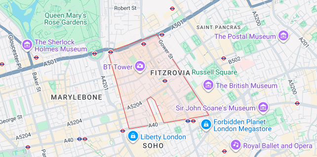 Map of Fitzrovia W1T & W1W coverage for iRepairMan same-day on-site repairs