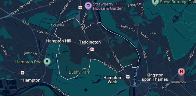 Street map of Teddington TW11 & KT1 coverage — iRepairMan on-site service area