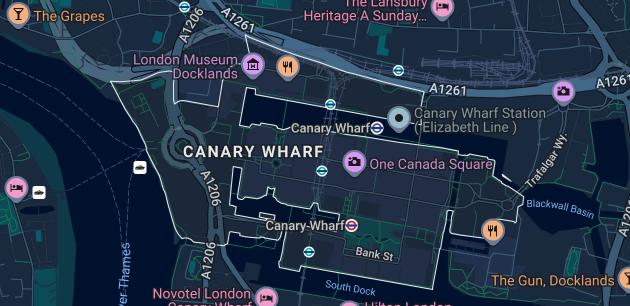 Service area map highlighting Canary Wharf (E14) and surrounding streets covered by iRepairMan