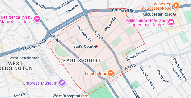 Map of Earl’s Court SW5, SW10 coverage area for iRepairMan mobile repairs