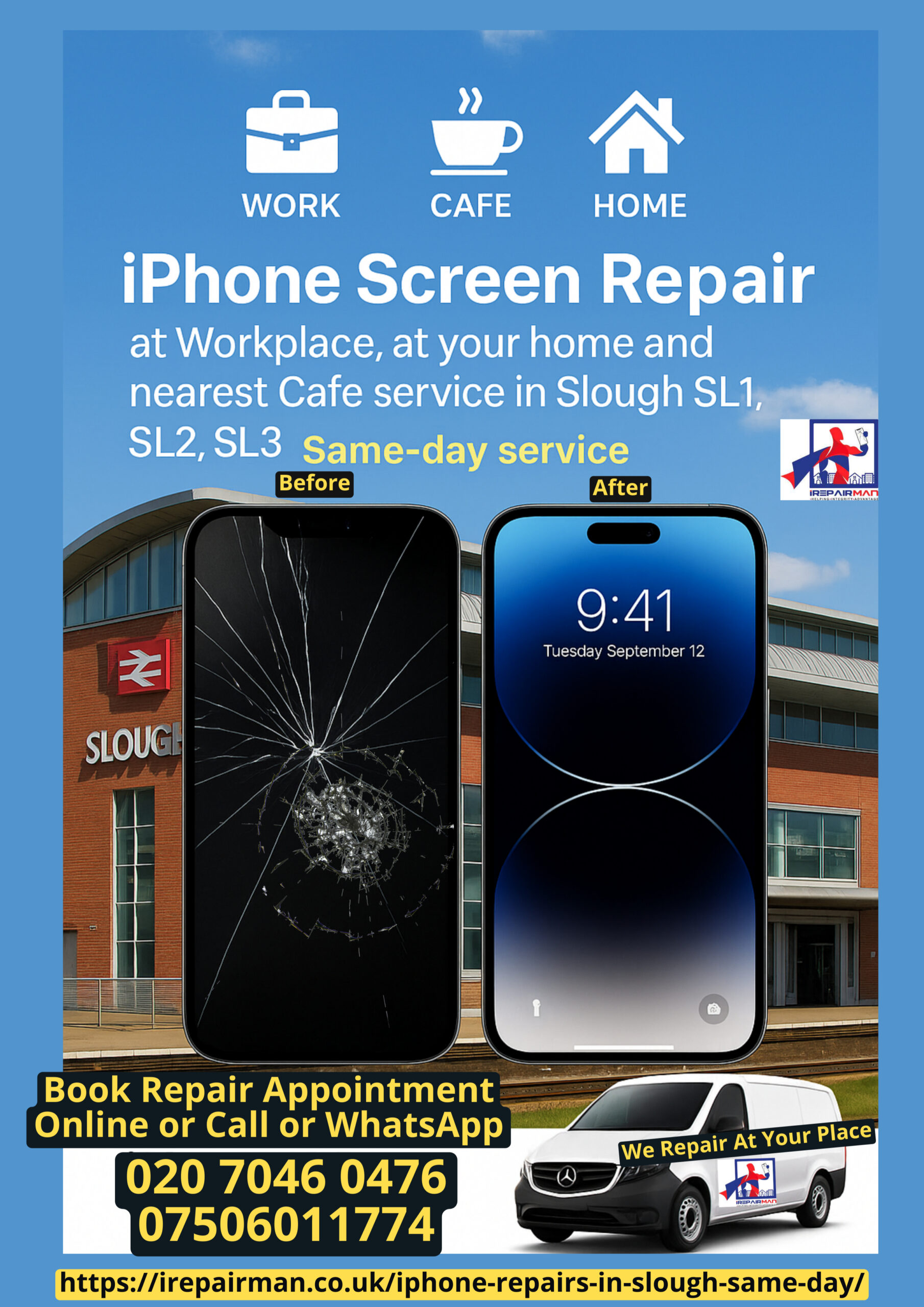 iRepairMan featured poster for Slough iPhone & iPad repairs at work, home & café