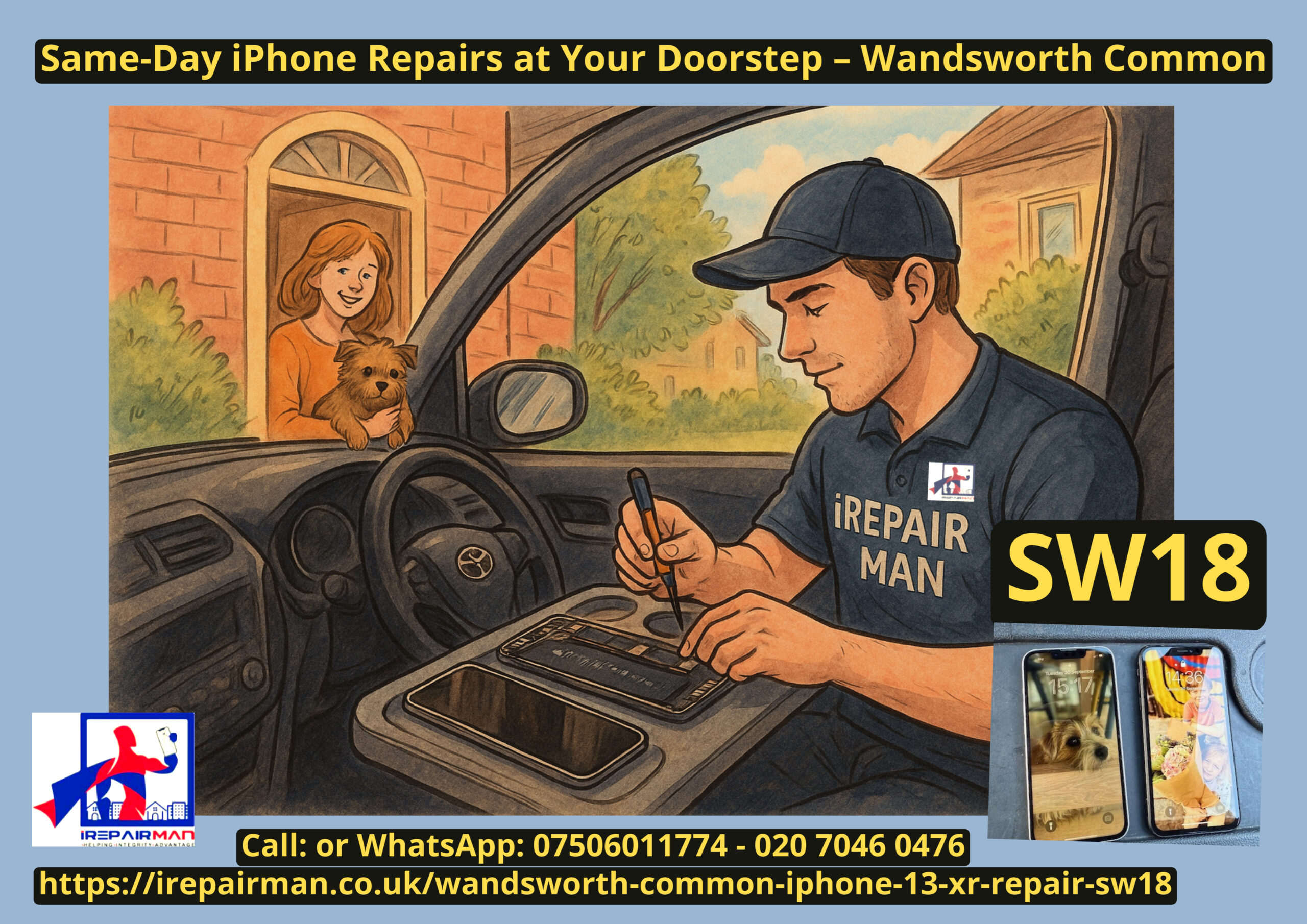 iRepairMan repairing two iPhones outside a Wandsworth Common SW18 home