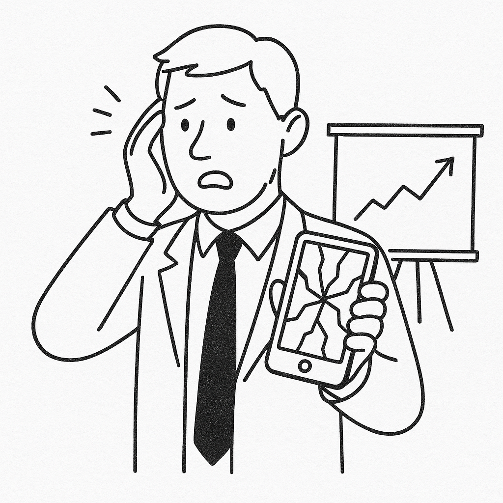 Shattered phone screen minutes before a business meeting or pitch