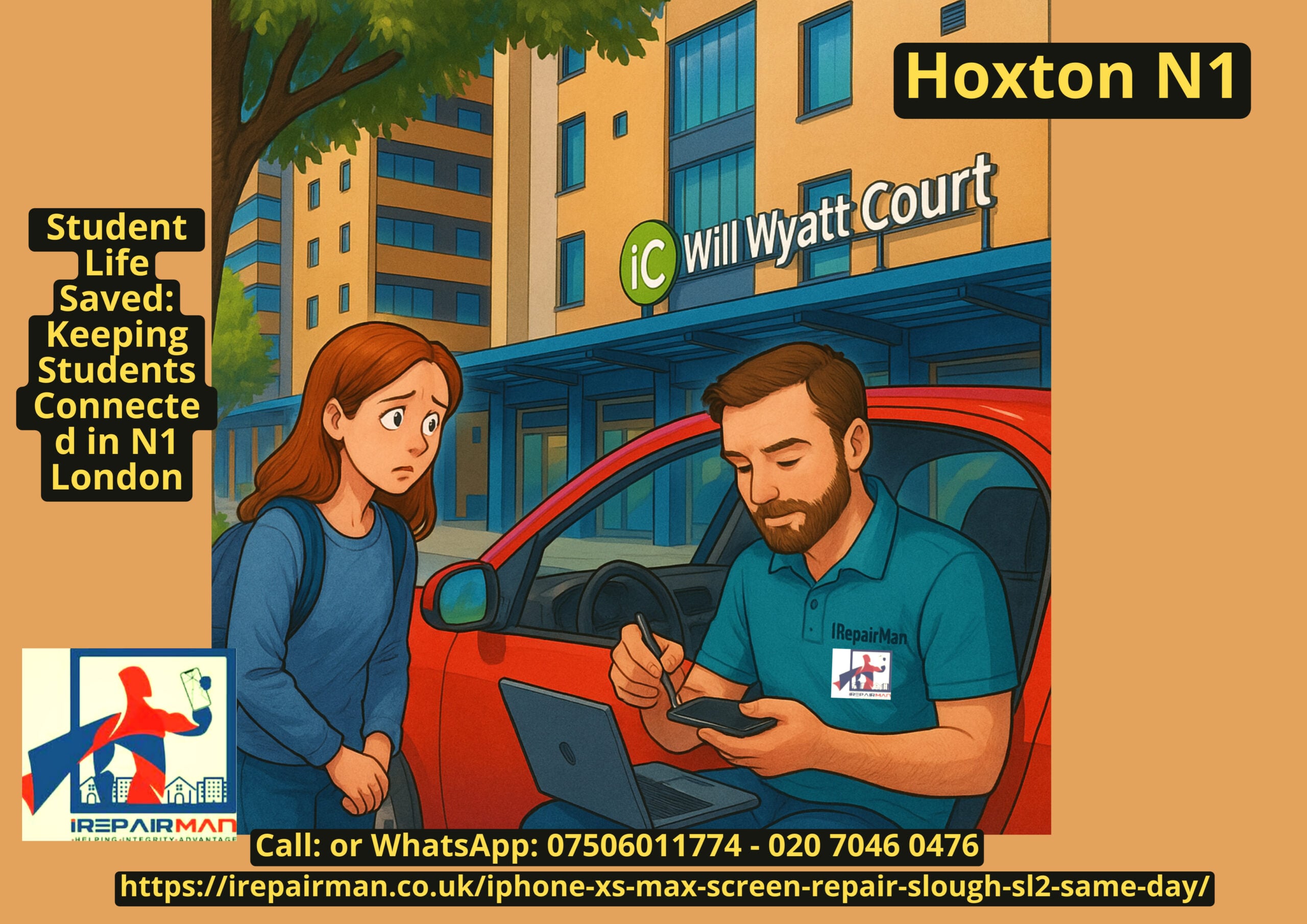 Same-day iPhone 14 repair outside student accommodation in Hoxton N1 London by iRepairMan