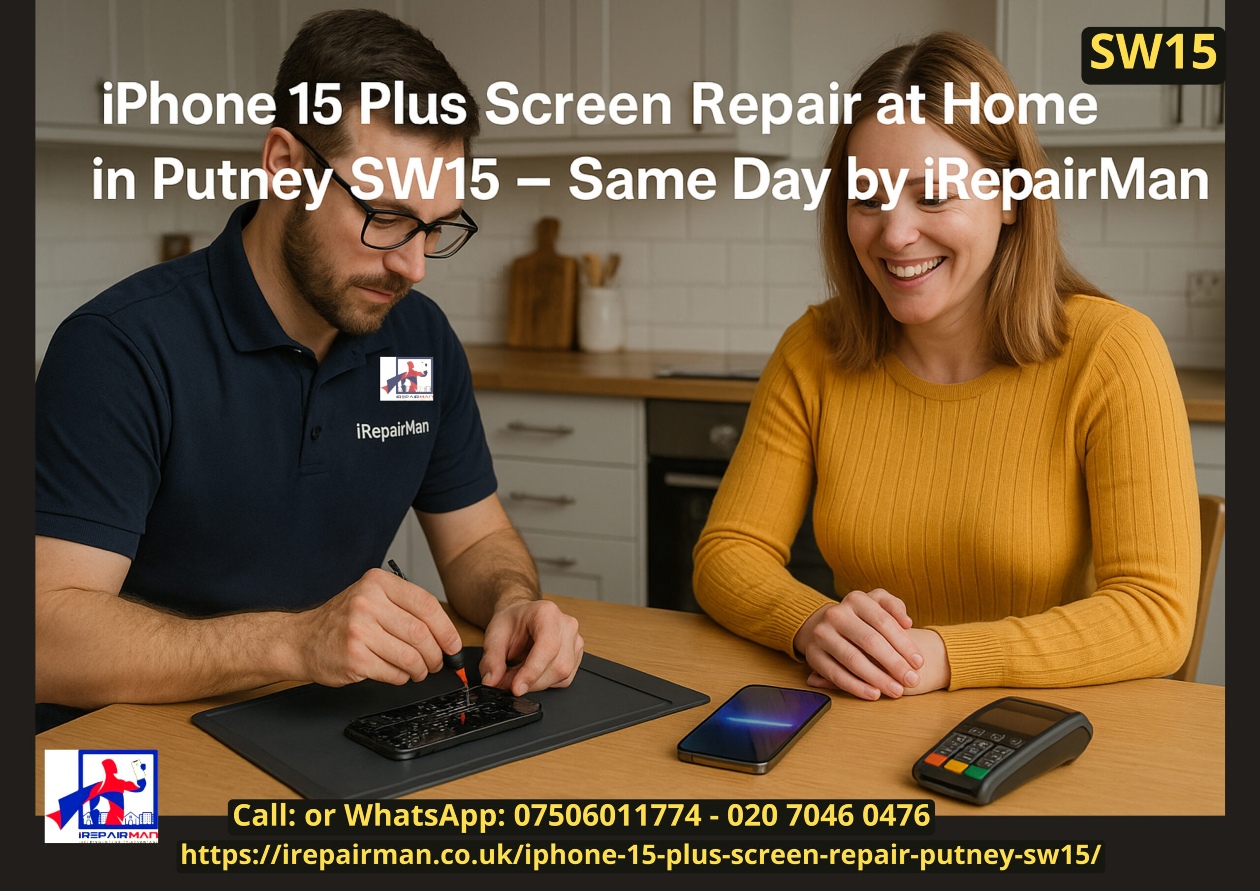 iRepairMan technician repairing an iPhone 15 Plus at a customer’s home in Putney SW15, same-day service.