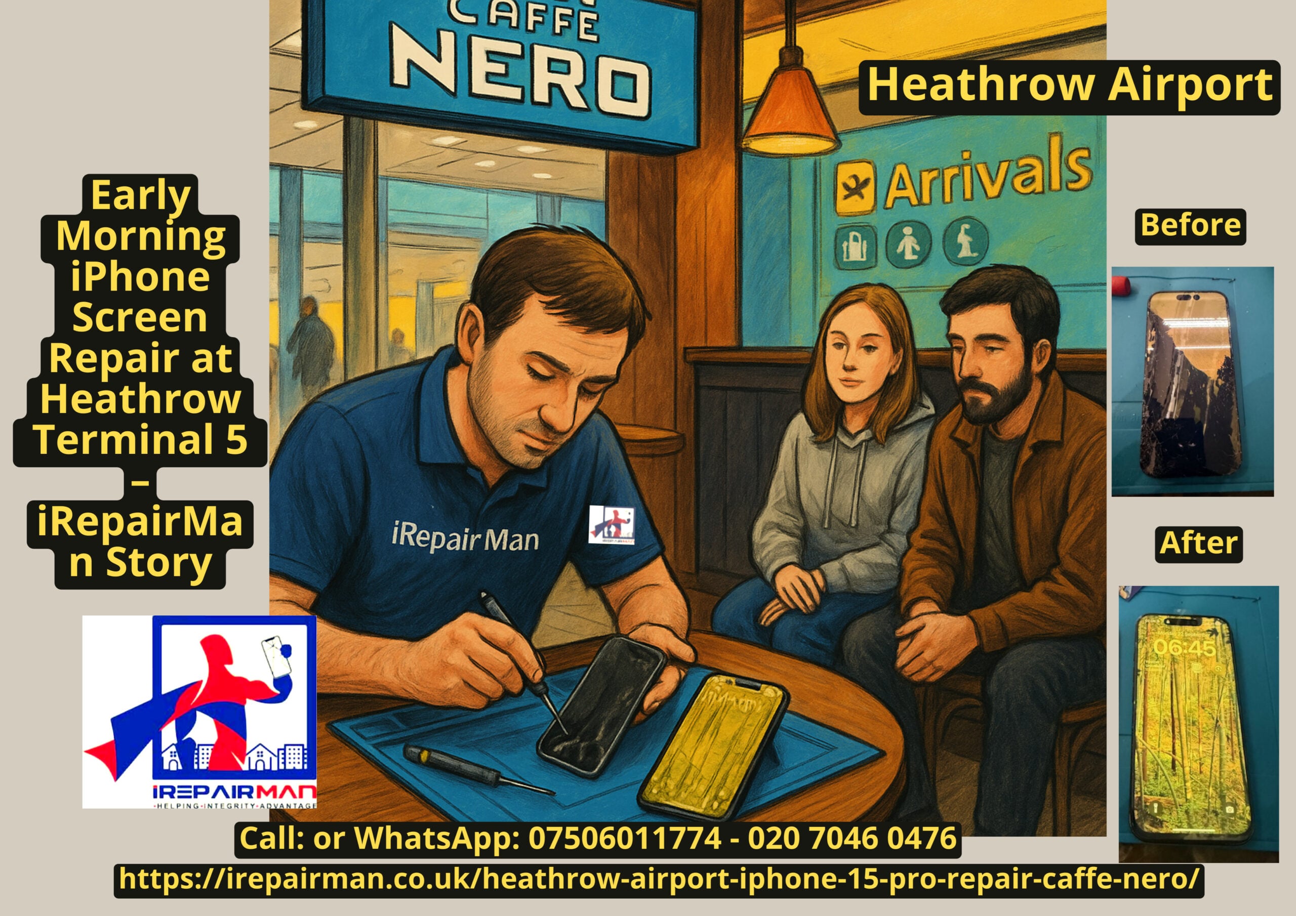 iRepairMan repairing an iPhone 15 Pro at Heathrow Terminal 5 Caffè Nero with the couple watching near Arrivals