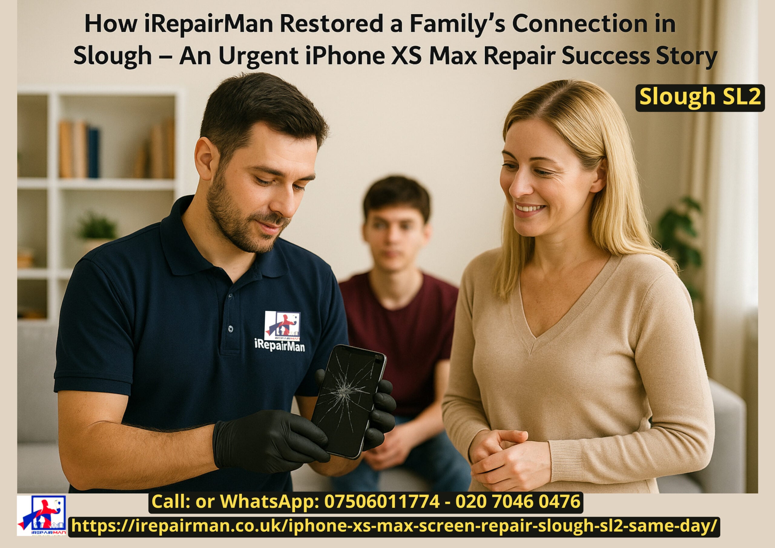 iRepairMan call-out iPhone XS Max screen repair at home in Slough SL2 — mother and teenage son relieved while technician completes 20-minute fix