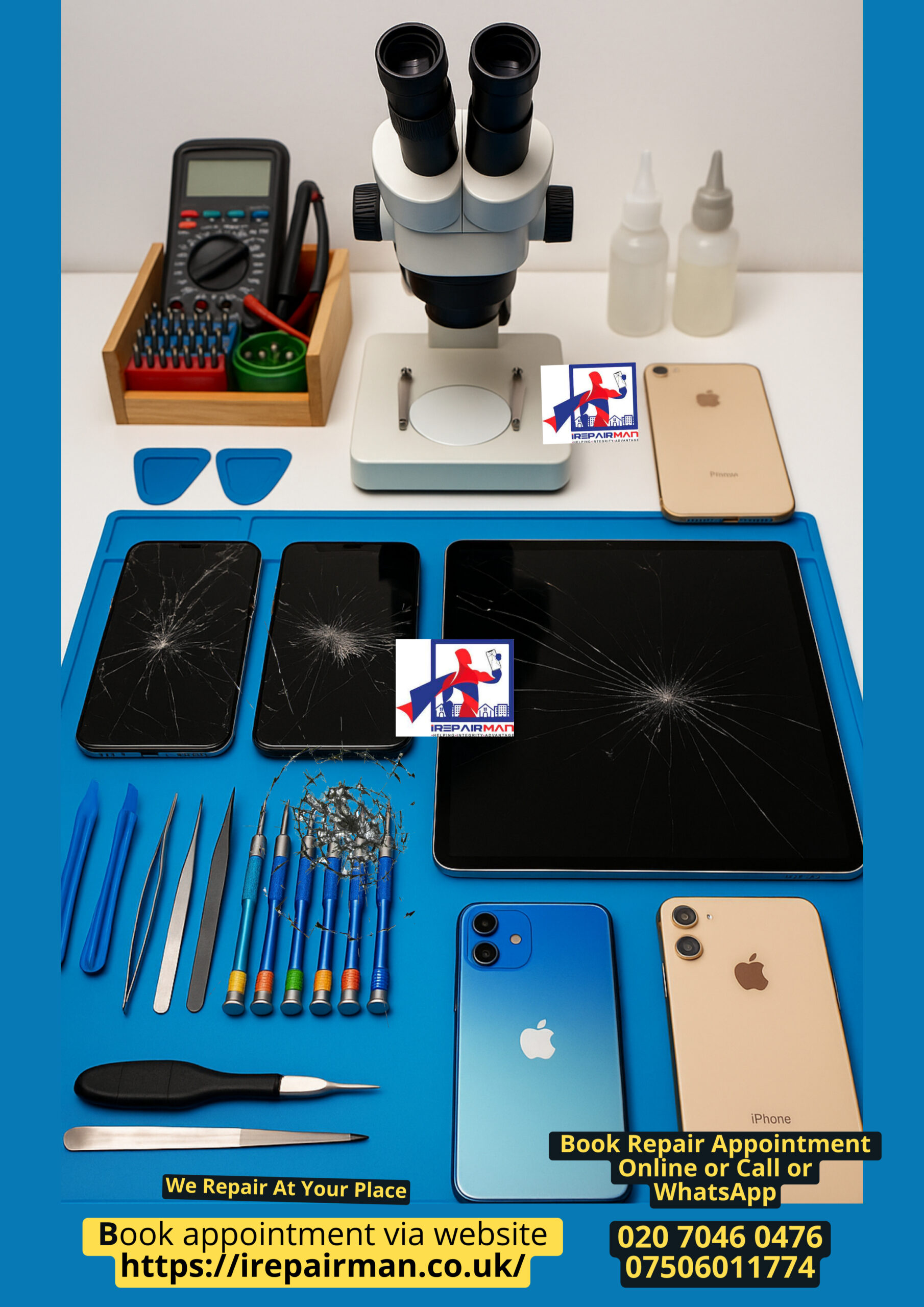 Professional phone repair workstation with tools and microscope – iRepairMan Aldgate