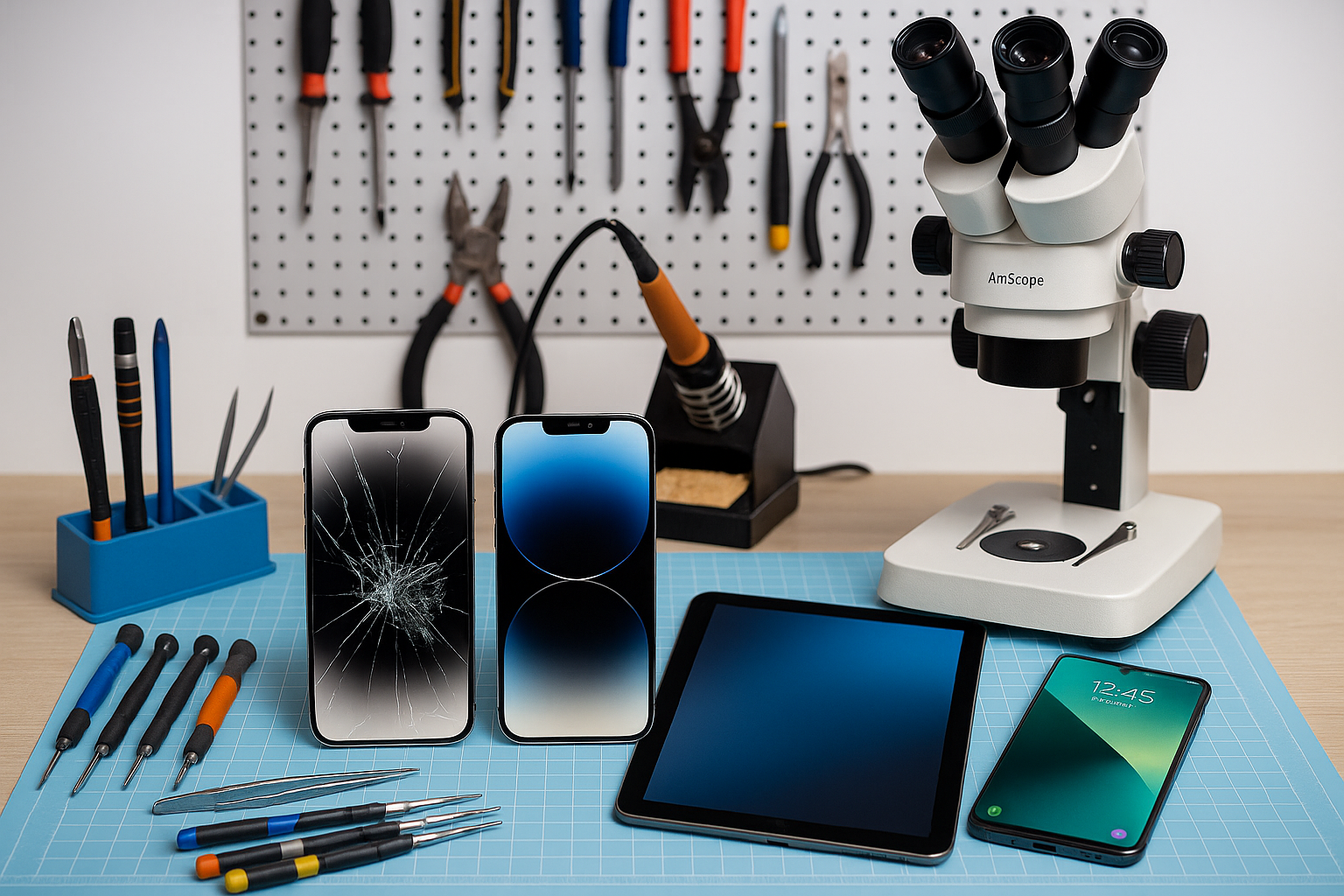 Professional electronics repair workstation with microscope, tools and multiple phones