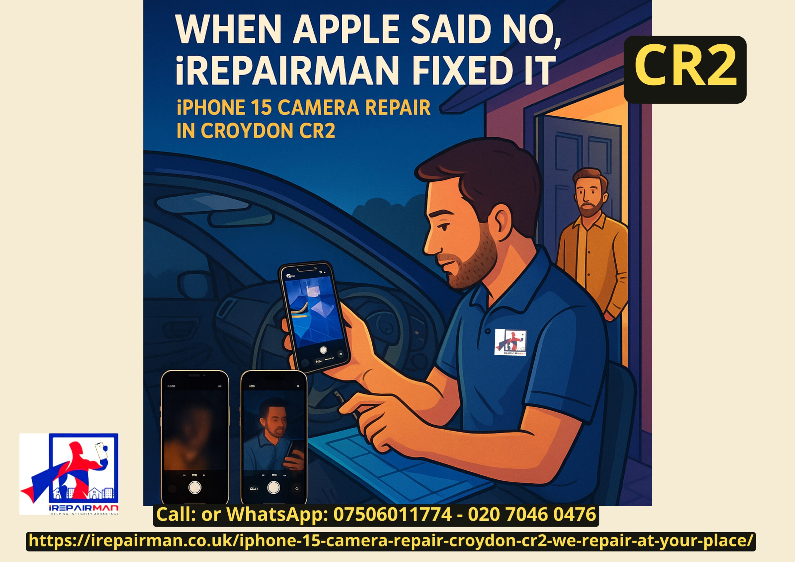 iRepairMan repairing iPhone 15 cameras in car at evening in Croydon CR2 while customer Jamie and his dog watch at the door.