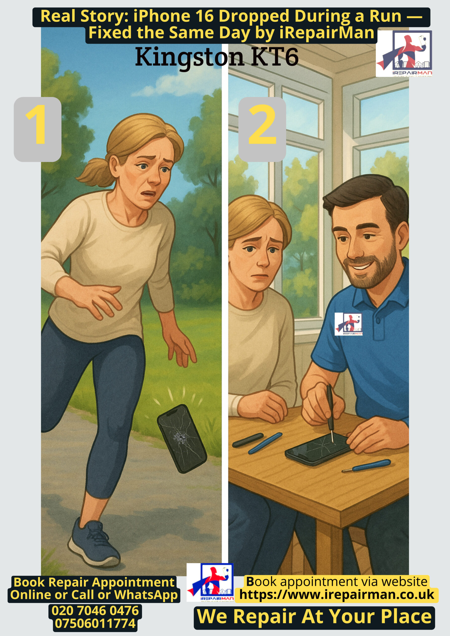 Illustrated story: iPhone 16 dropped during a run then repaired at home in Kingston KT6