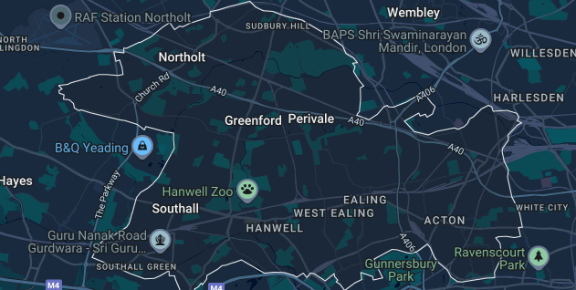 Street map view of Ealing showing Greenford, Perivale, Southall, Hanwell, Northolt and Acton