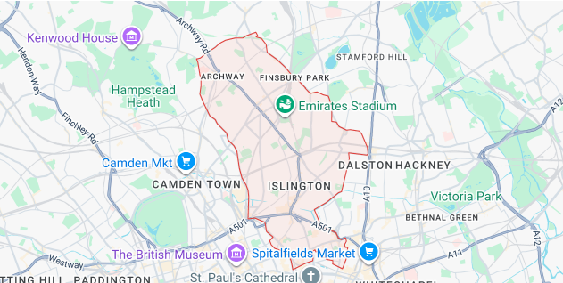 Map of the London Borough of Islington highlighting coverage areas EC1, N1, N7, EC2, and N19
