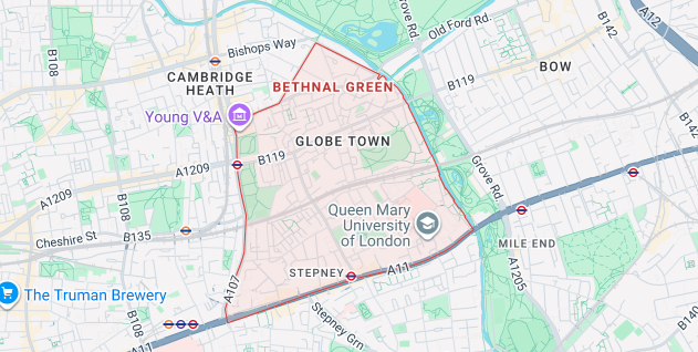 Map of Bethnal Green E1 & E2 showing iRepairMan mobile repair coverage