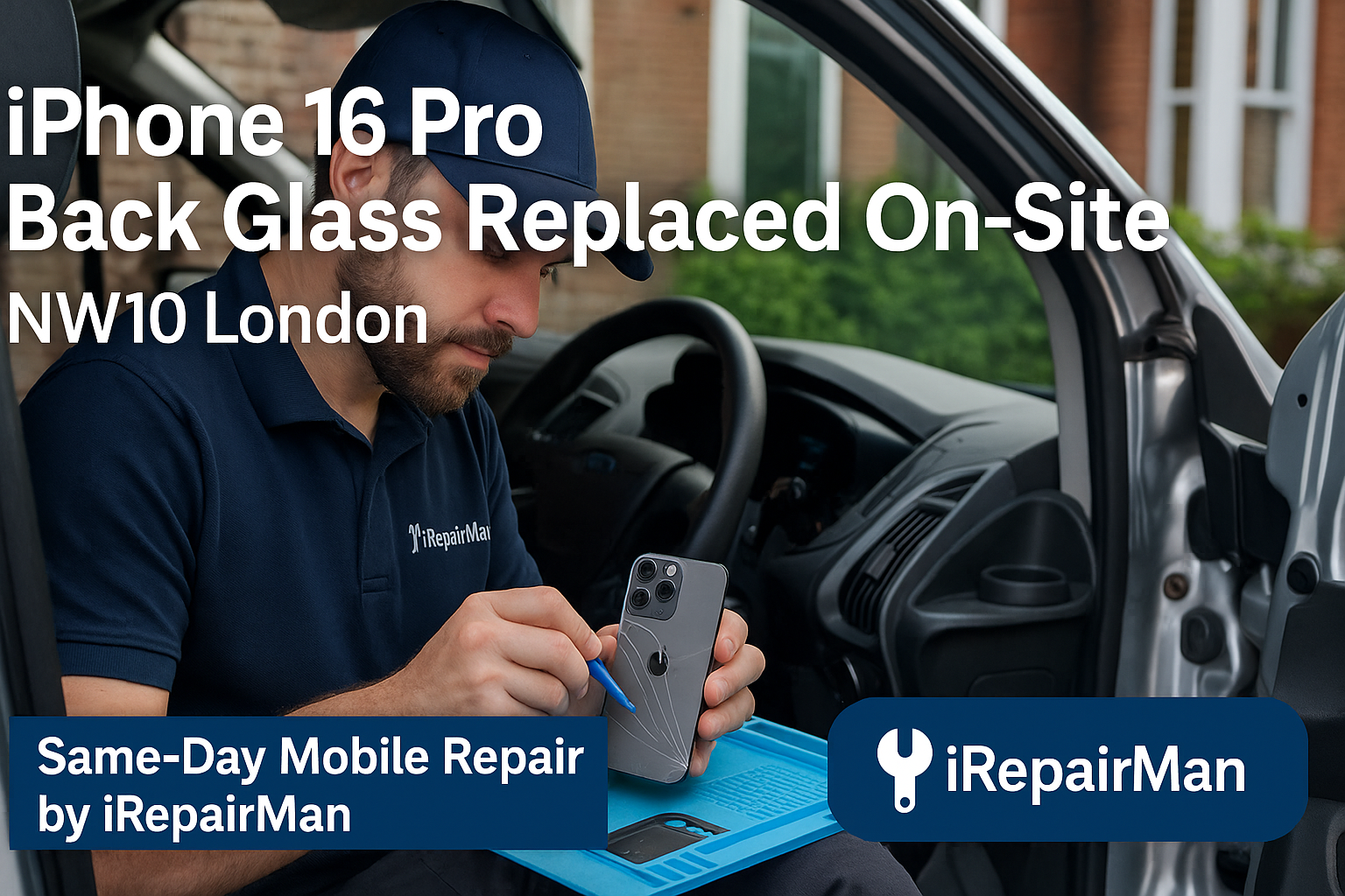 iRepairMan technician replacing iPhone 16 Pro back glass on-site in NW10 London