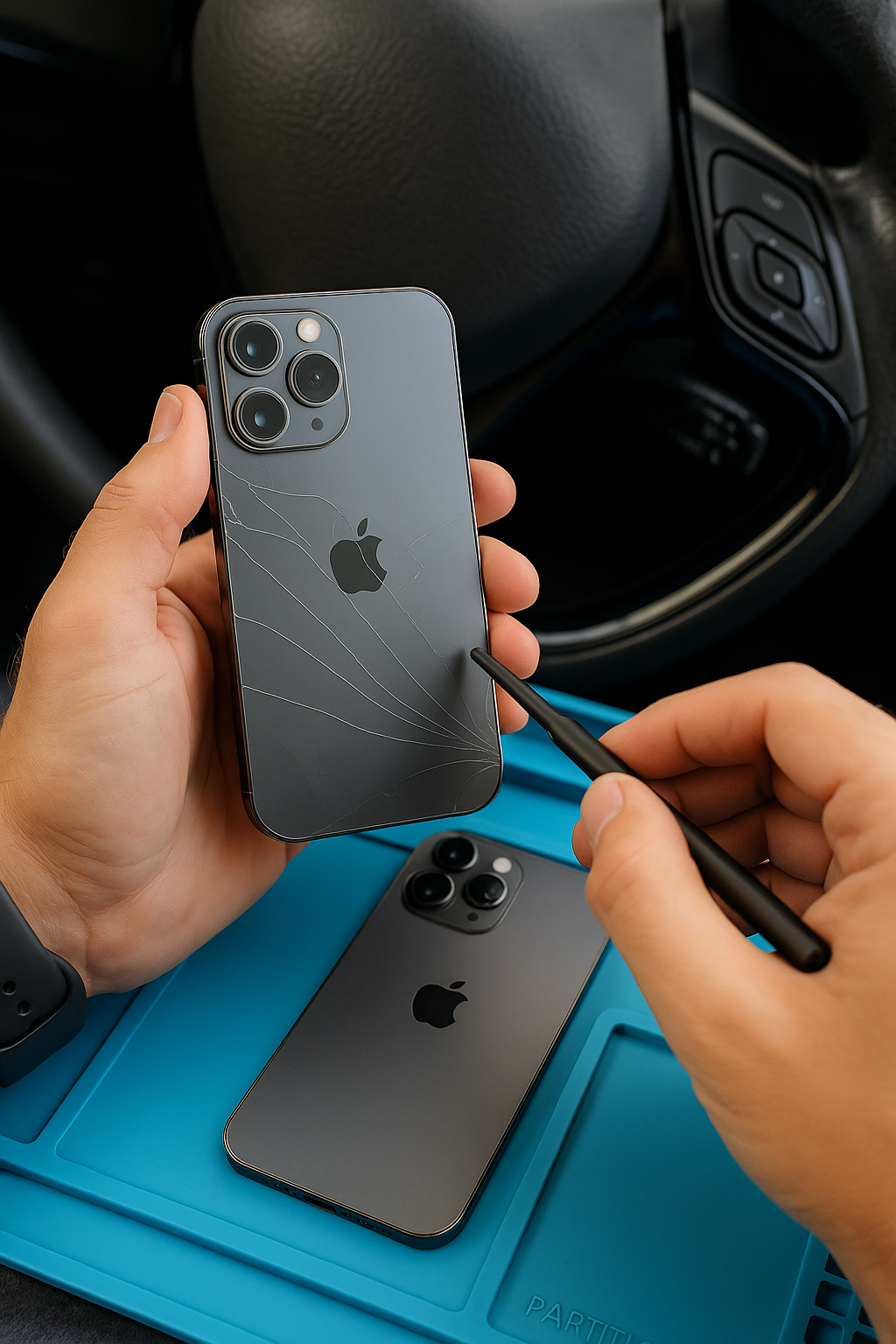 Close-up of iPhone 16 Pro back glass repair on iRepairMan mobile workstation