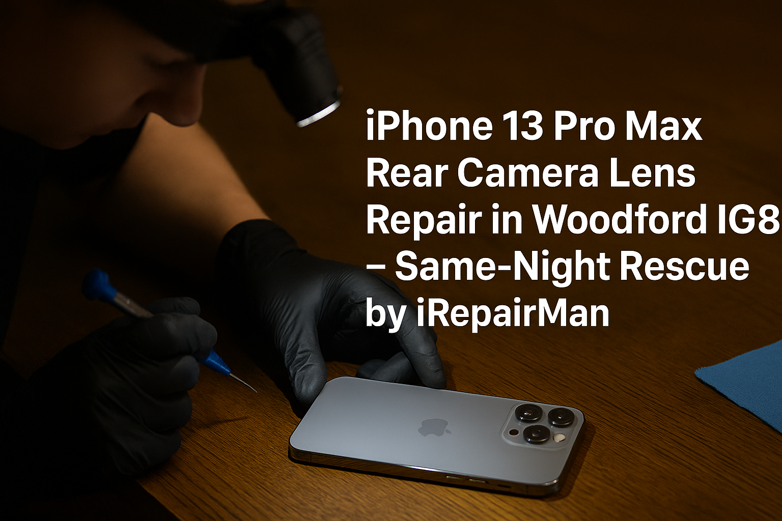 Process photo: iRepairMan placing the new circular glass over the iPhone 13 Pro Max rear camera