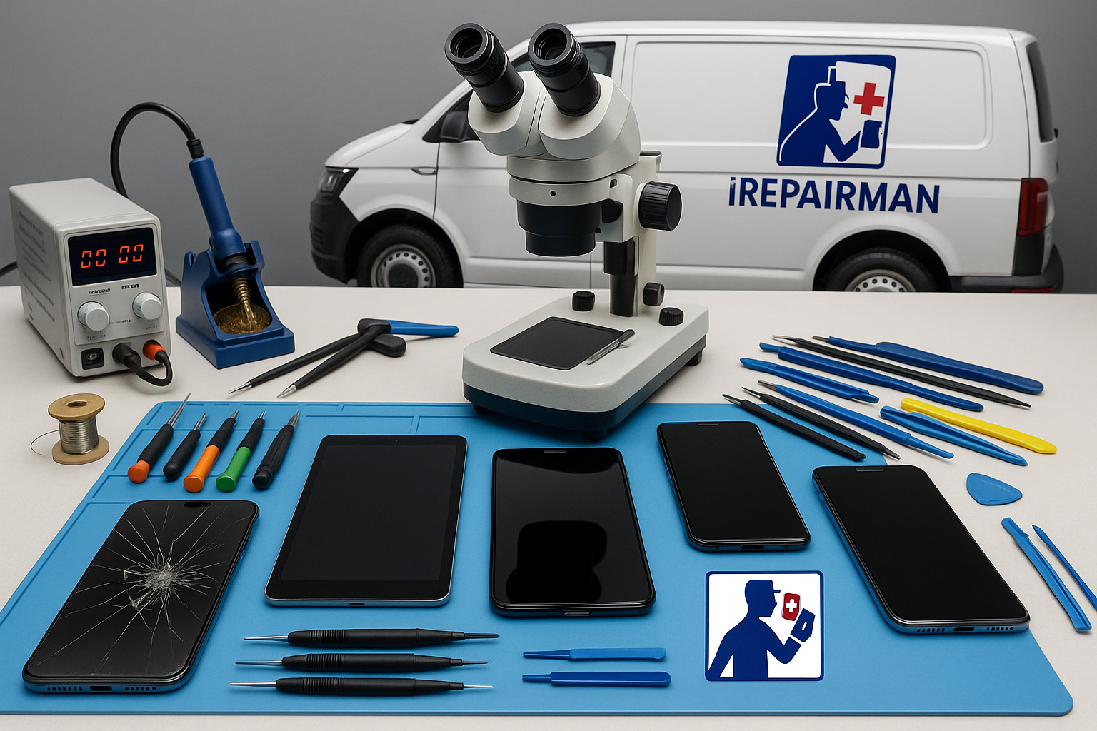 iRepairMan workstation with tools, microscope and multiple phones and tablets