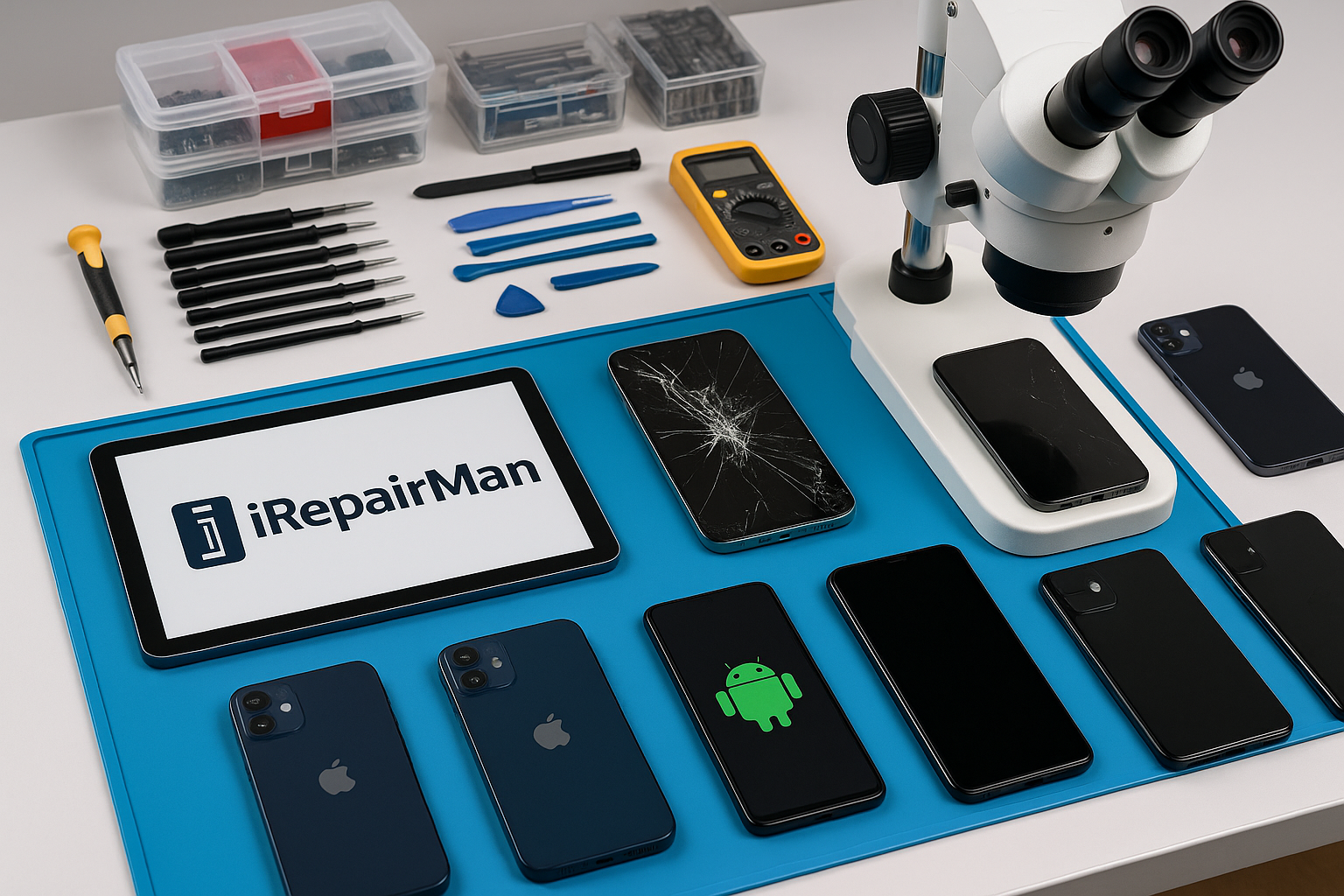 iRepairMan workstation with tools, microscope and multiple phones on ESD mat