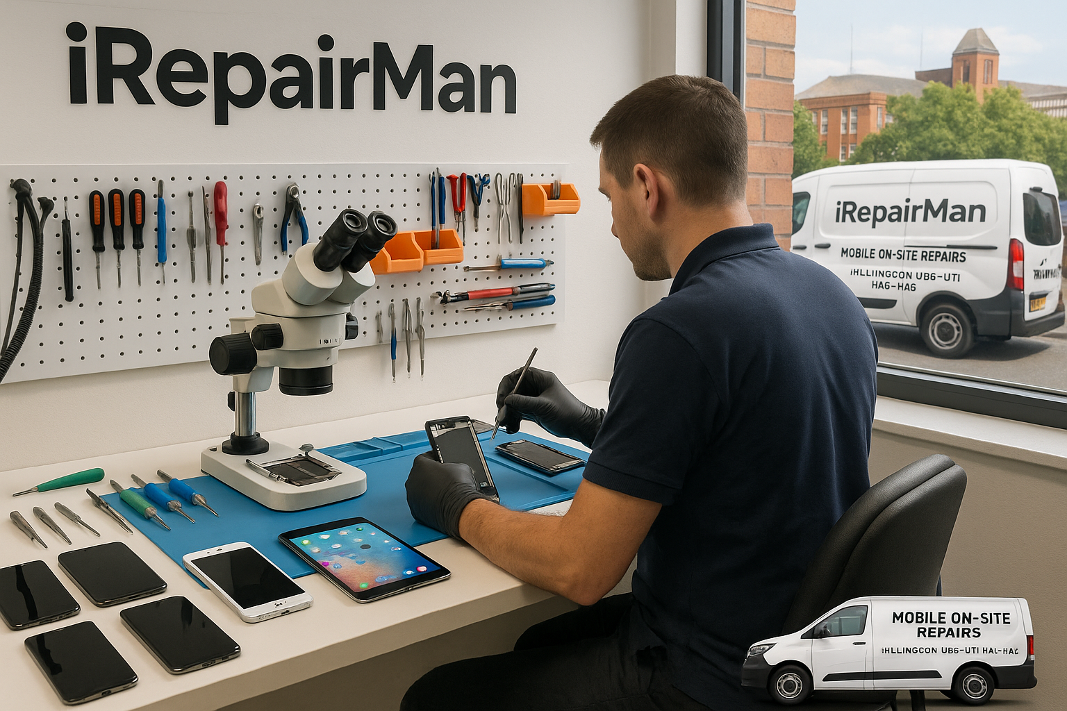 iRepairMan technician workstation repairing iPhone and iPad devices under microscope with mobile van for Hillingdon service