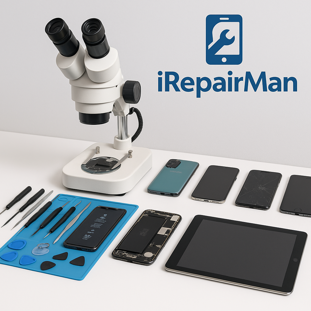 iRepairMan professional workstation with microscope, tools, iPhones, iPad and Android devices