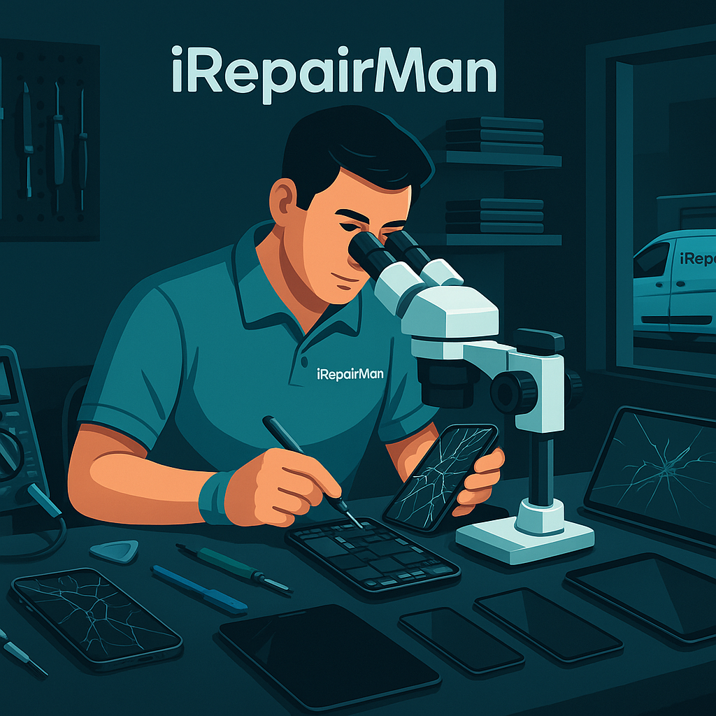 iRepairMan workstation with microscope, tools and multiple devices during a screen repair