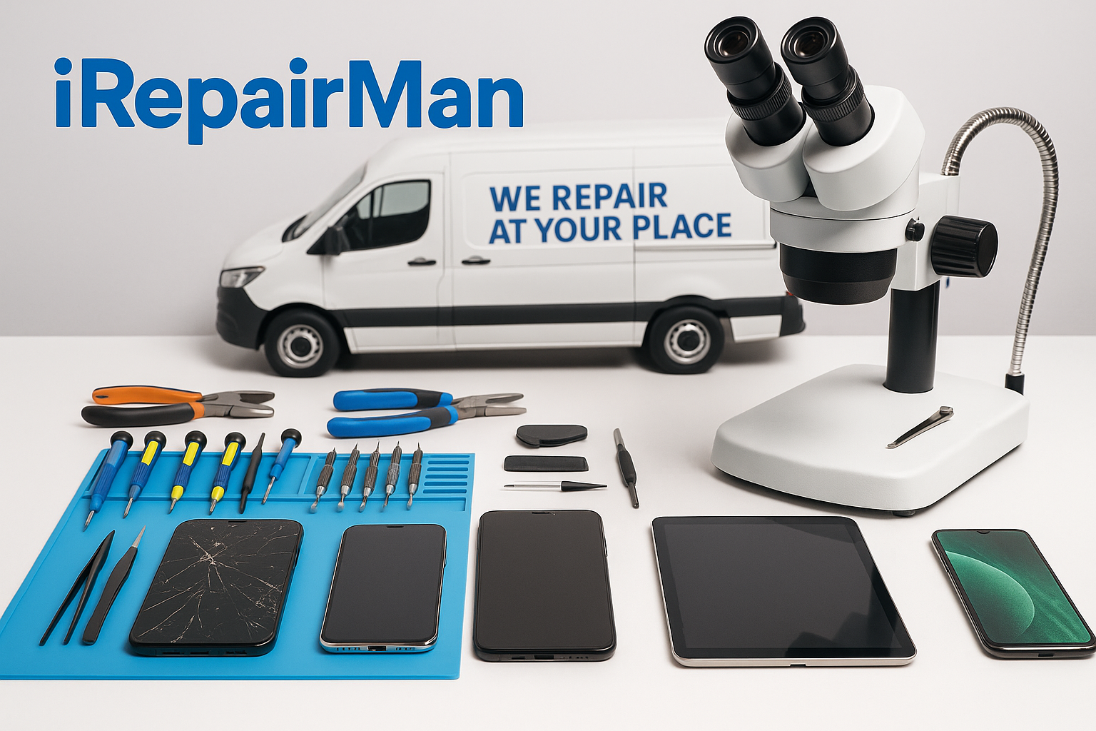 Professional iRepairMan mobile workstation with tools, microscope, cracked and repaired phones, iPad, and service van