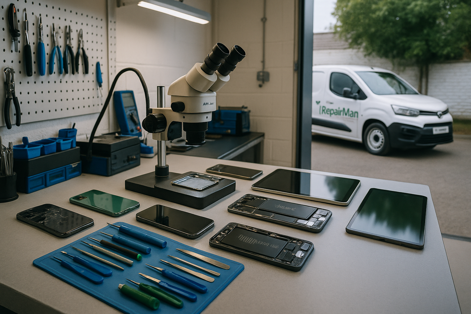 iRepairMan mobile repair workstation with tools, microscope, iPhones, iPads, and company van outside