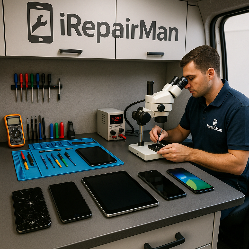iRepairMan technician repairing an iPhone under a microscope inside the mobile van workshop