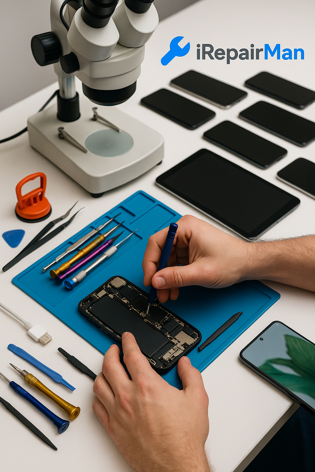 iRepairMan technician repairing smartphone at professional workstation with microscope and tools