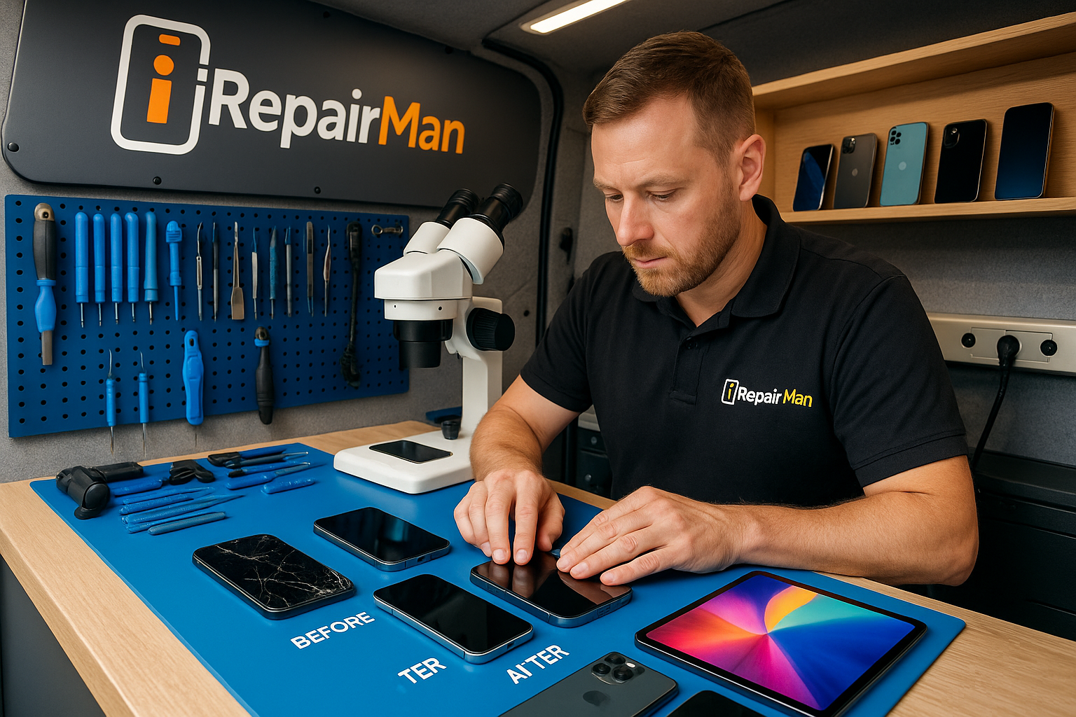 iRepairMan mobile workshop van interior — technician repairing iPhone under microscope in Holborn