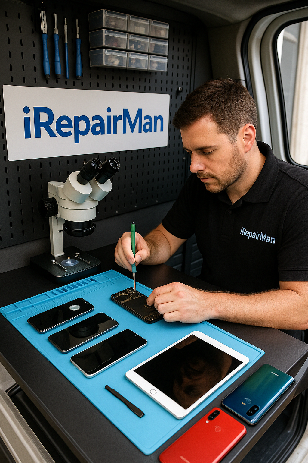 iRepairMan technician repairing iPhone inside a mobile repair van in Old Street EC1V