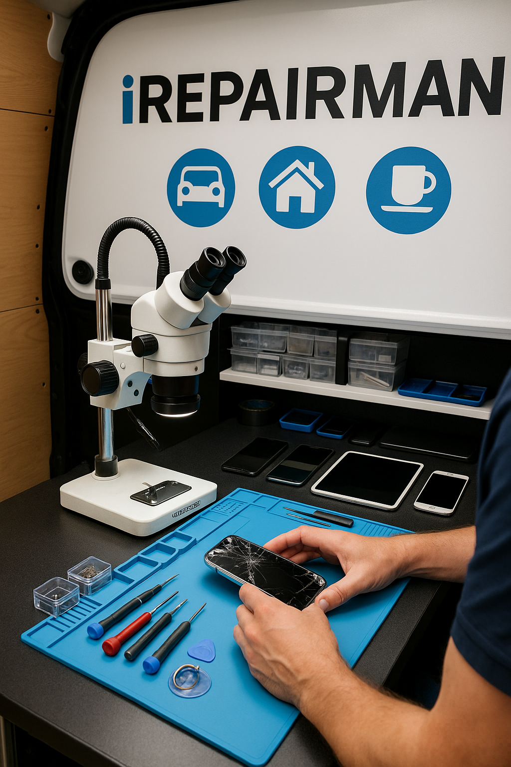 iRepairMan technician repairing iPhone inside mobile workshop van — Elephant & Castle