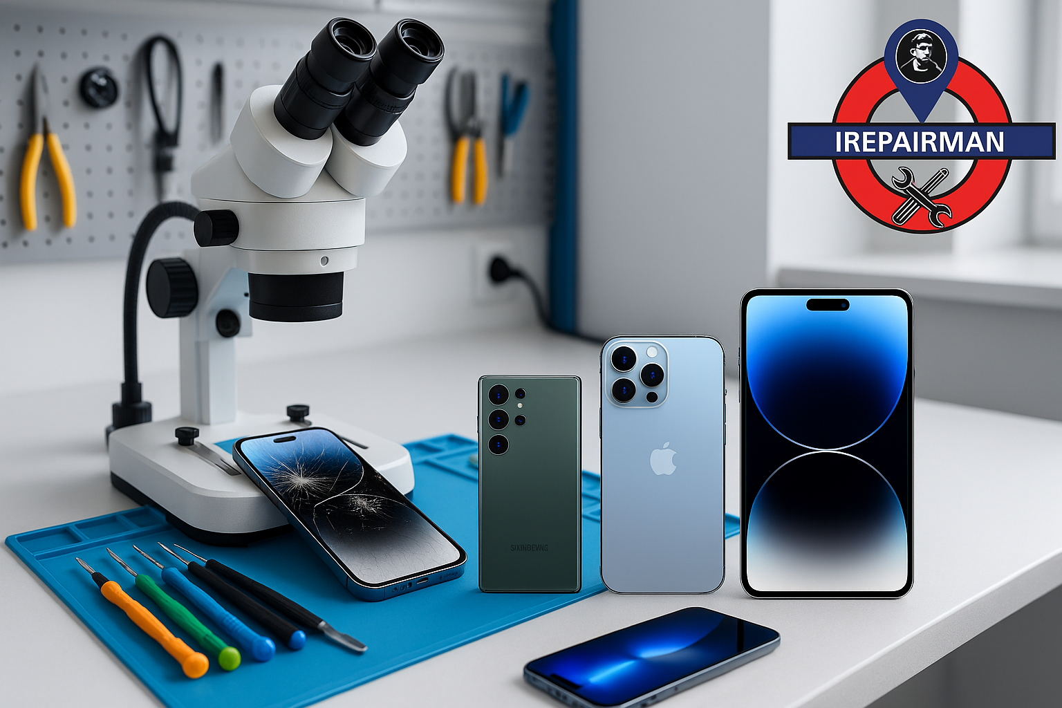 iRepairMan workstation with microscope, tools and multiple devices