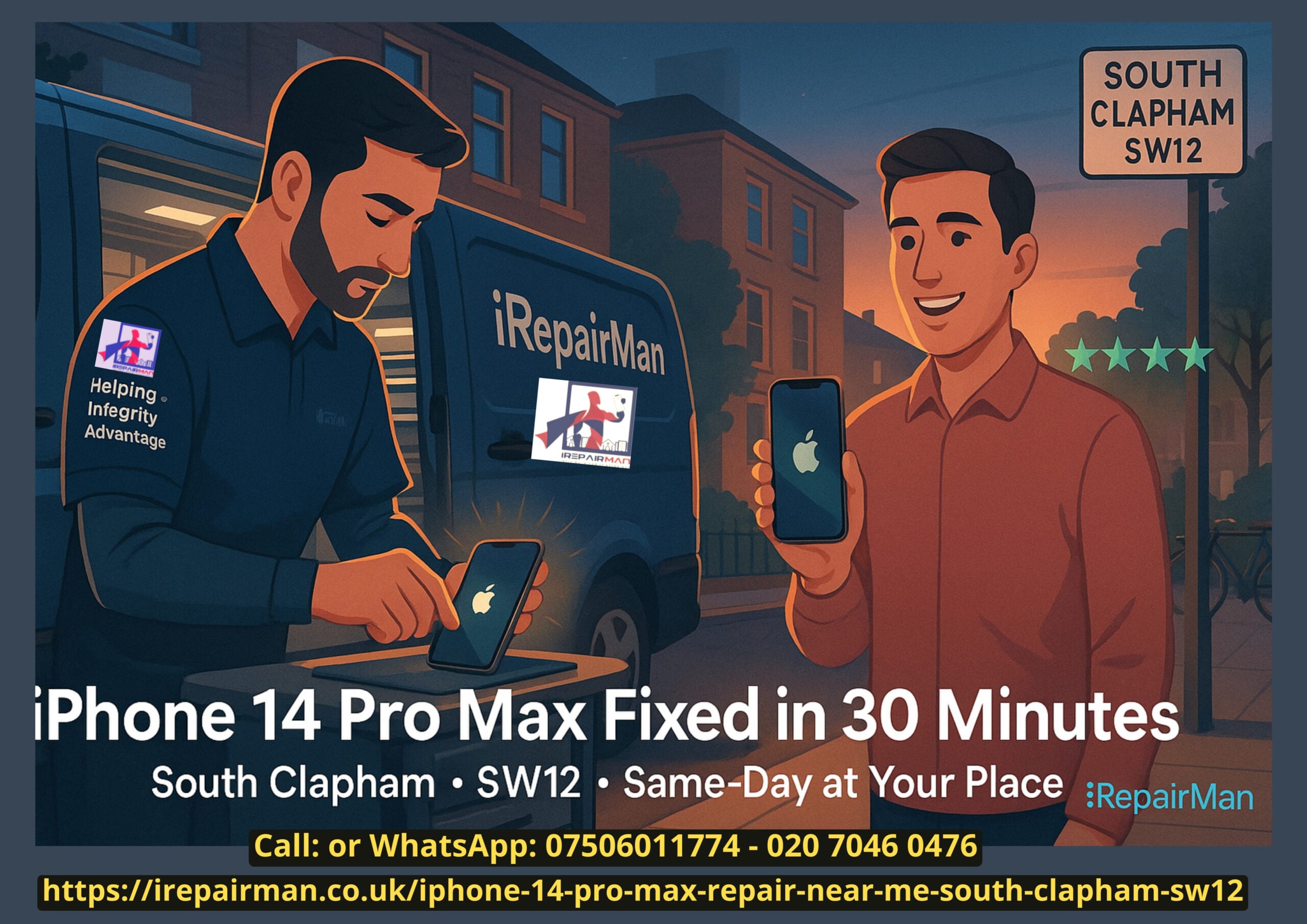 Featured banner: iRepairMan technician repairing iPhone 14 Pro Max on-site in South Clapham SW12