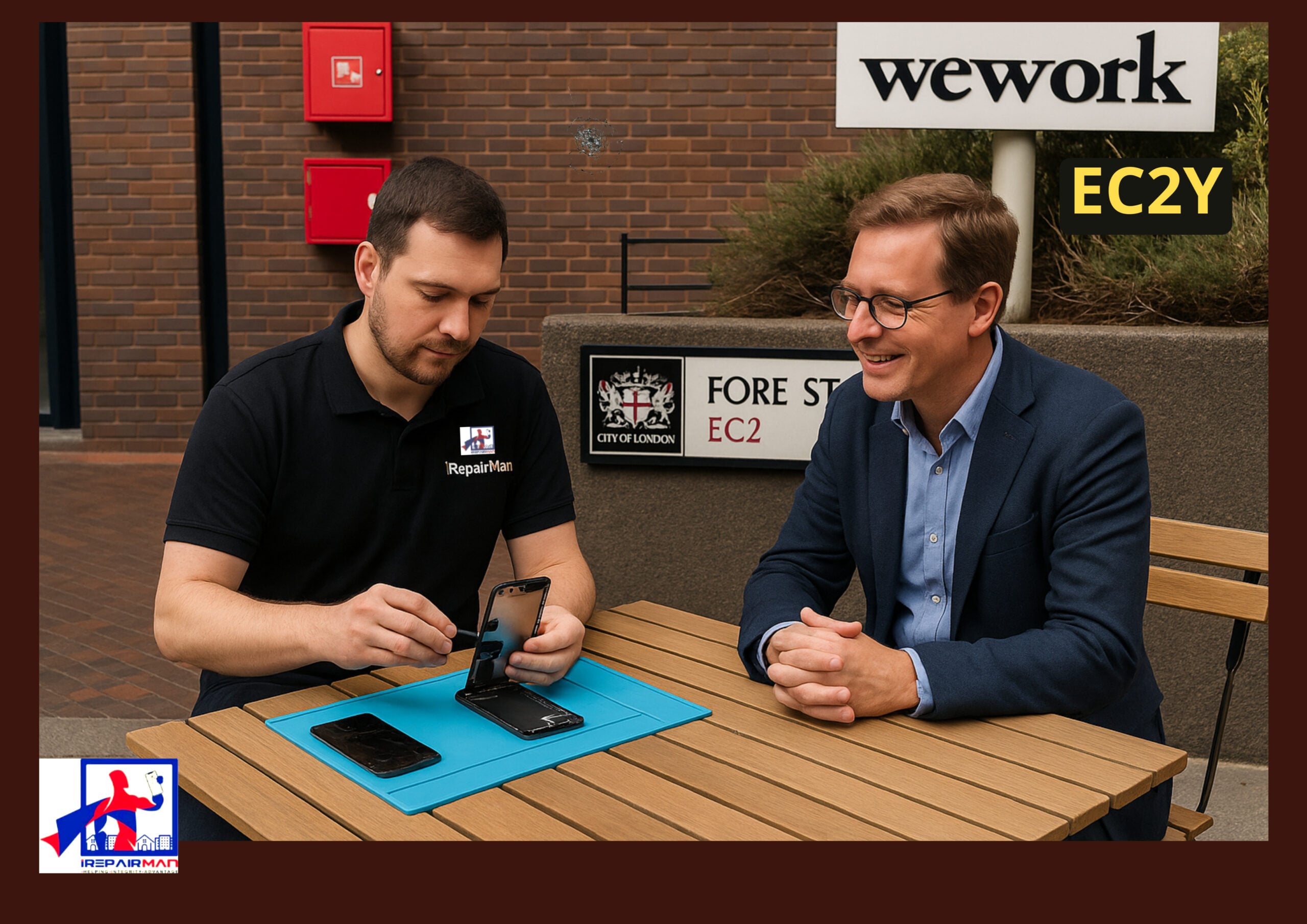 iRepairMan technician repairing iPhone outside WeWork Fore Street EC2Y for a business client