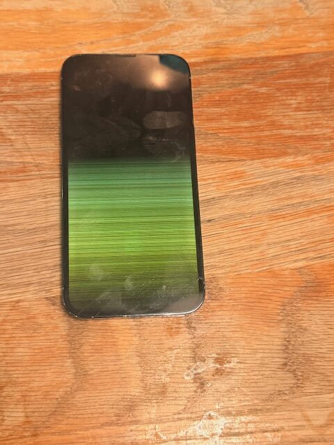 iPhone 13 Pro showing green lines from water-damaged OLED before repair in Victoria Street SW1P