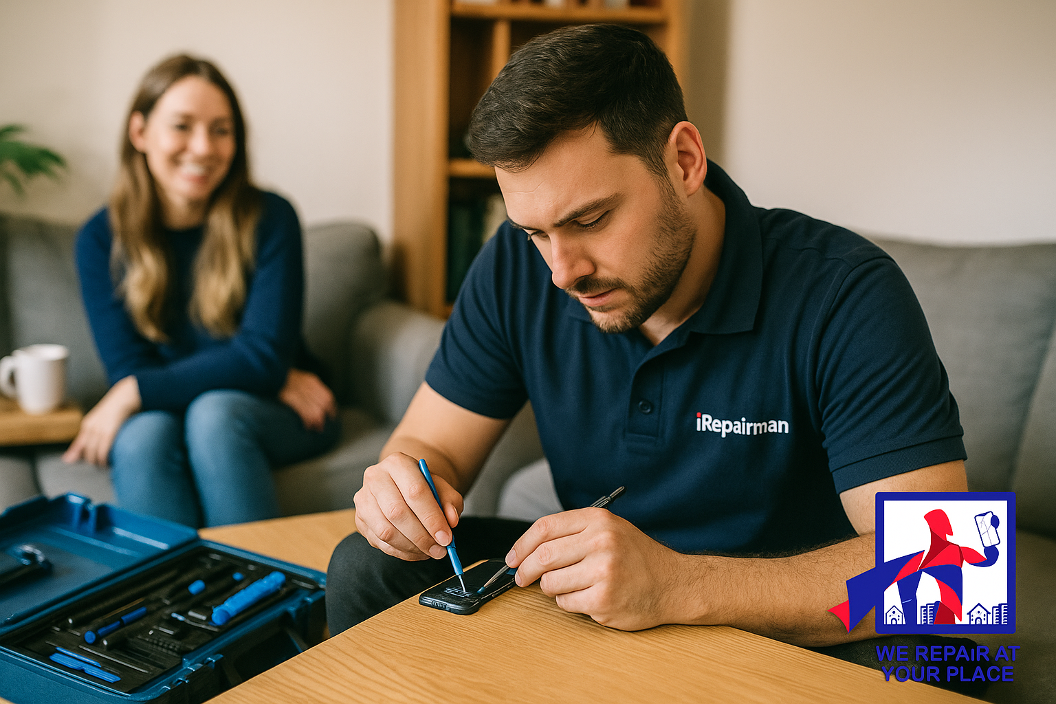 iRepairMan technician repairing smartphone for customer in London café