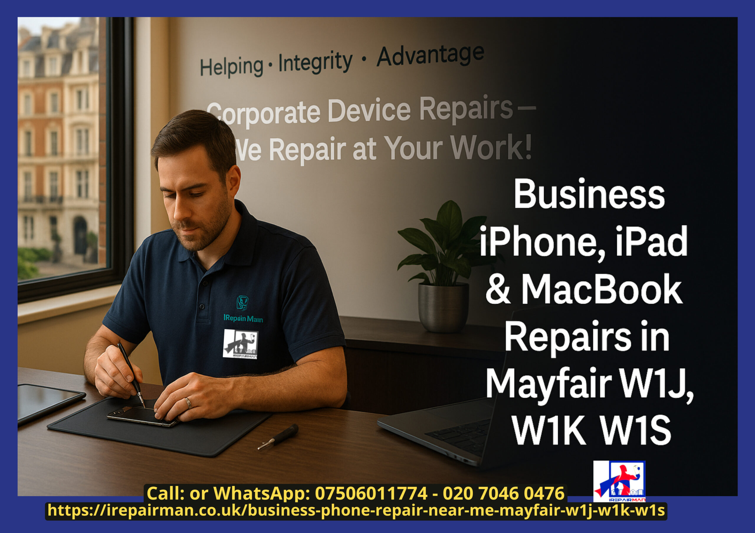 iRepairMan technician repairing iPhone in Mayfair corporate office W1J, W1K, W1S