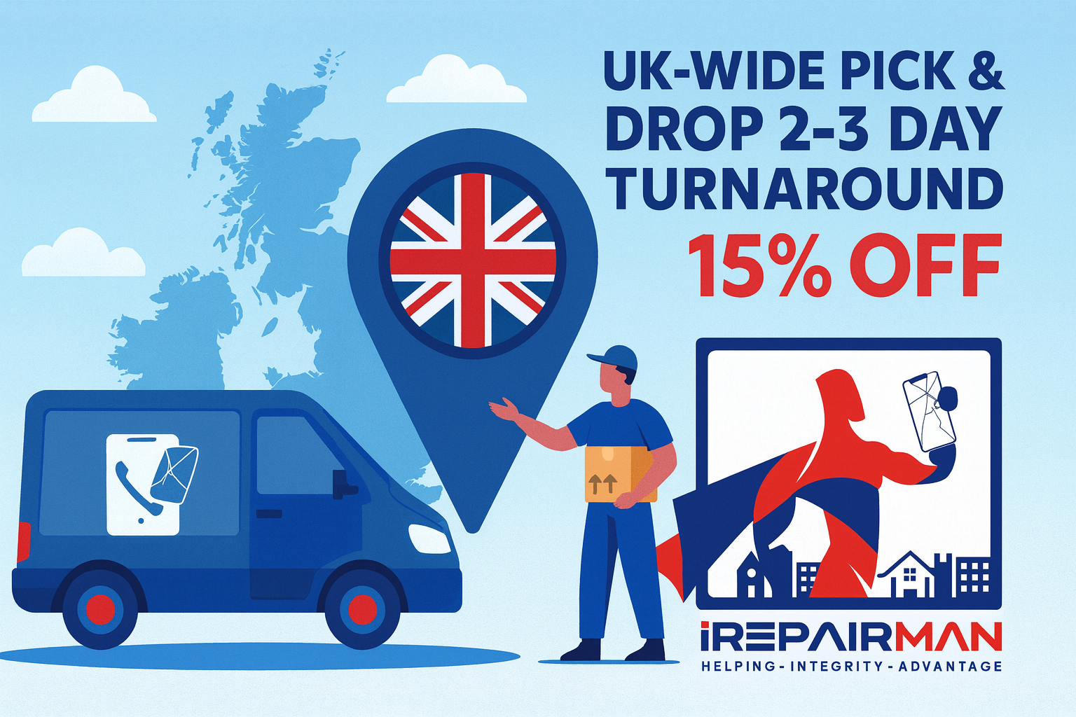 Courier van, UK map pin and iRepairMan superhero promoting UK-wide pick and drop phone repair with 2–3 day turnaround and 15% off.