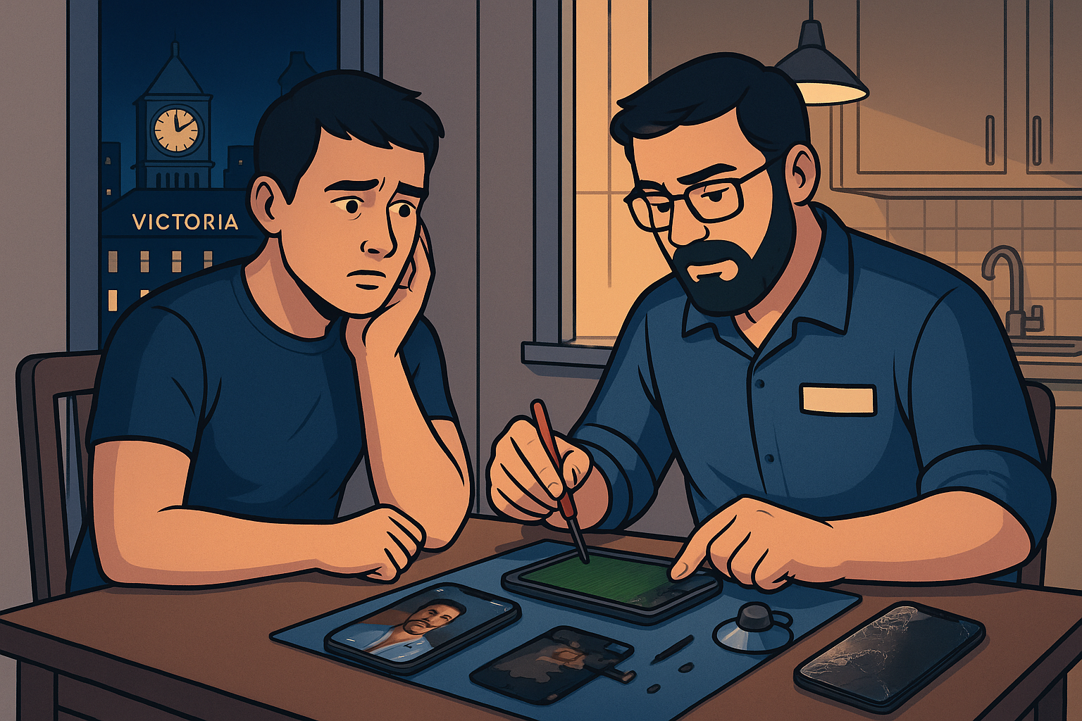 Illustrated late-night iPhone 13 Pro water-damage repair in Victoria Street SW1P