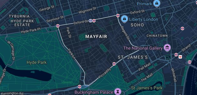 Map of Mayfair W1J, W1K, W1S showing iRepairMan service area