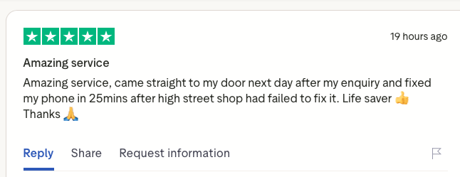 Large screenshot of 5-star Trustpilot review praising iRepairMan for fast on-site iPhone repair in South Clapham SW12