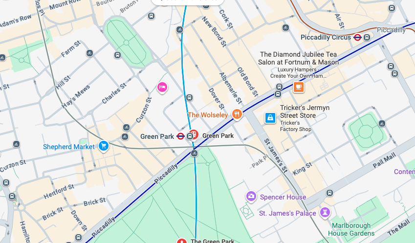 Map of Green Park London W1J showing iRepairMan service coverage