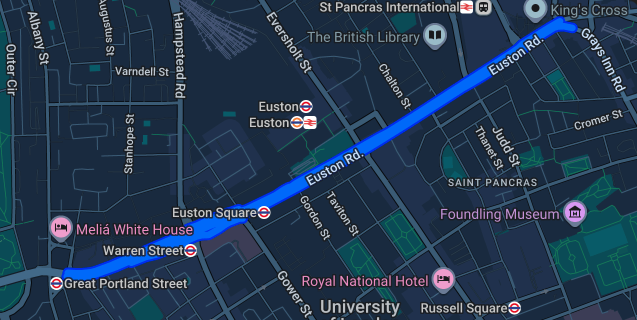 Map showing iRepairMan service coverage along Euston Road London NW1 from Euston Square to King's Cross