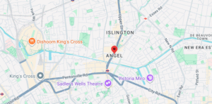 Map of Angel London N1 and EC1 showing Upper Street, Islington High Street, City Road, and surrounding repair service coverage area.