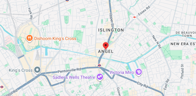 Map of Angel London N1 EC1 showing Upper Street, City Road and surrounding mobile repair service area