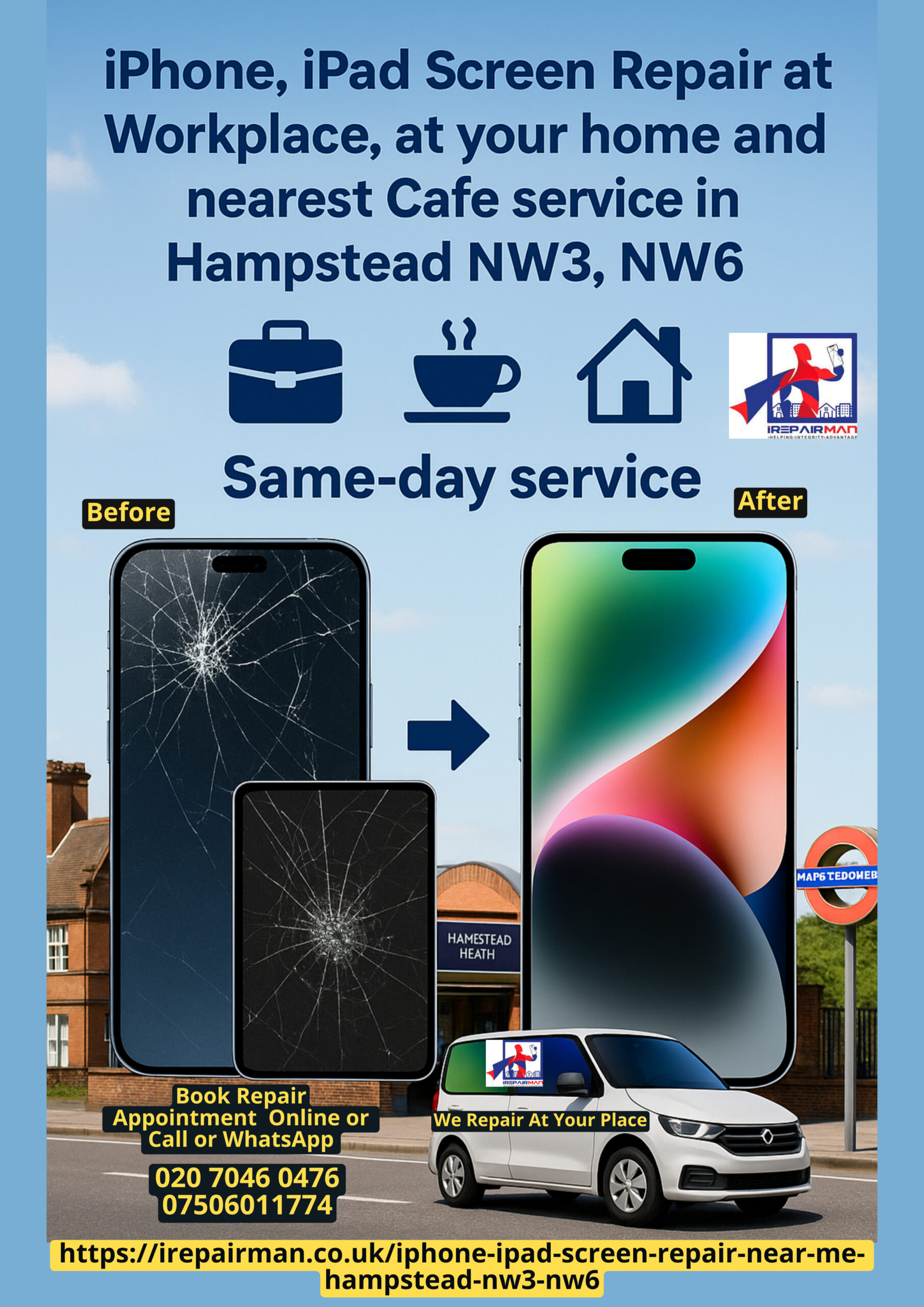 iPhone & iPad screen repair near me in Hampstead NW3 NW6 — same-day van service