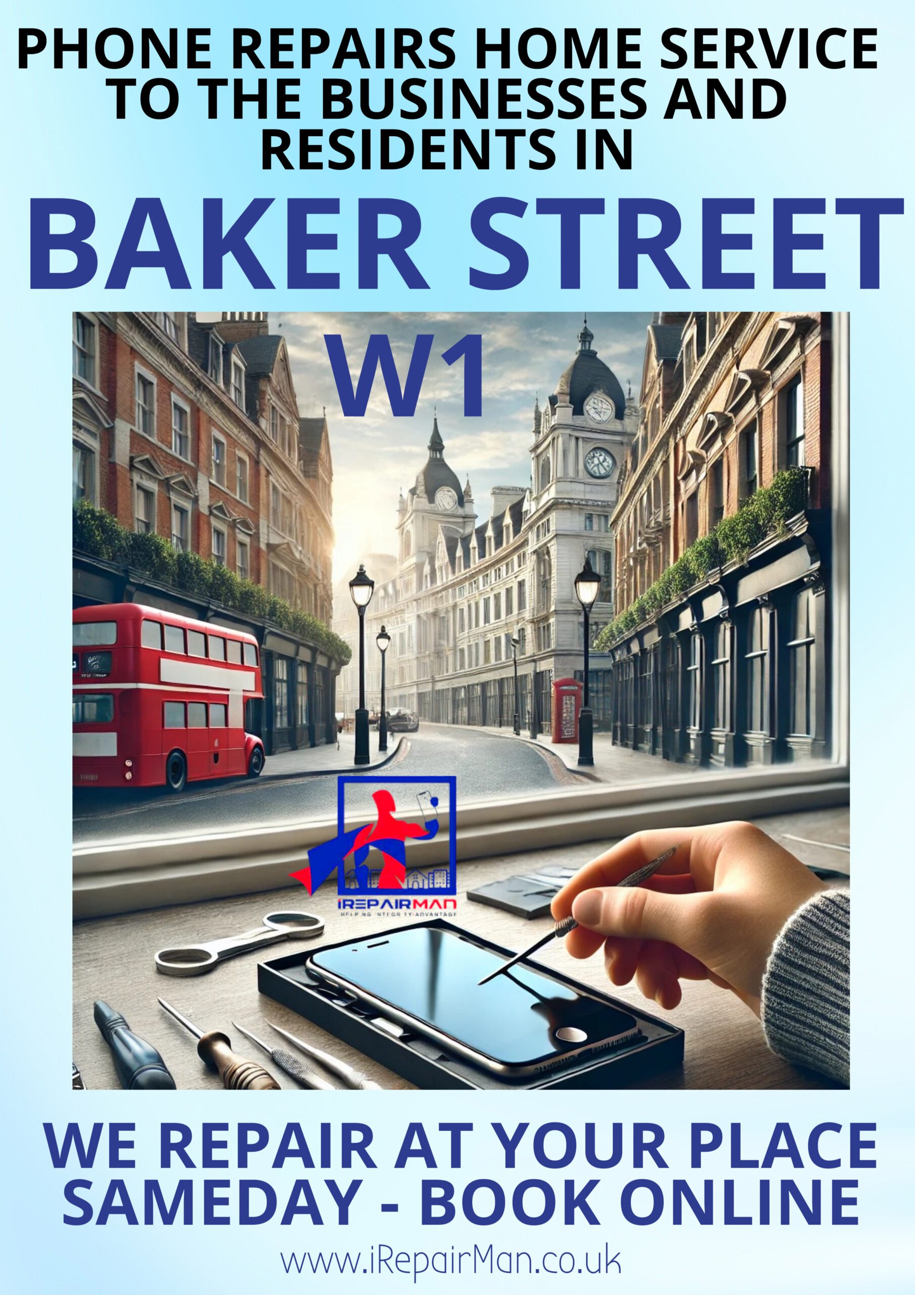 Baker Street W1 poster promoting home and business phone repair service