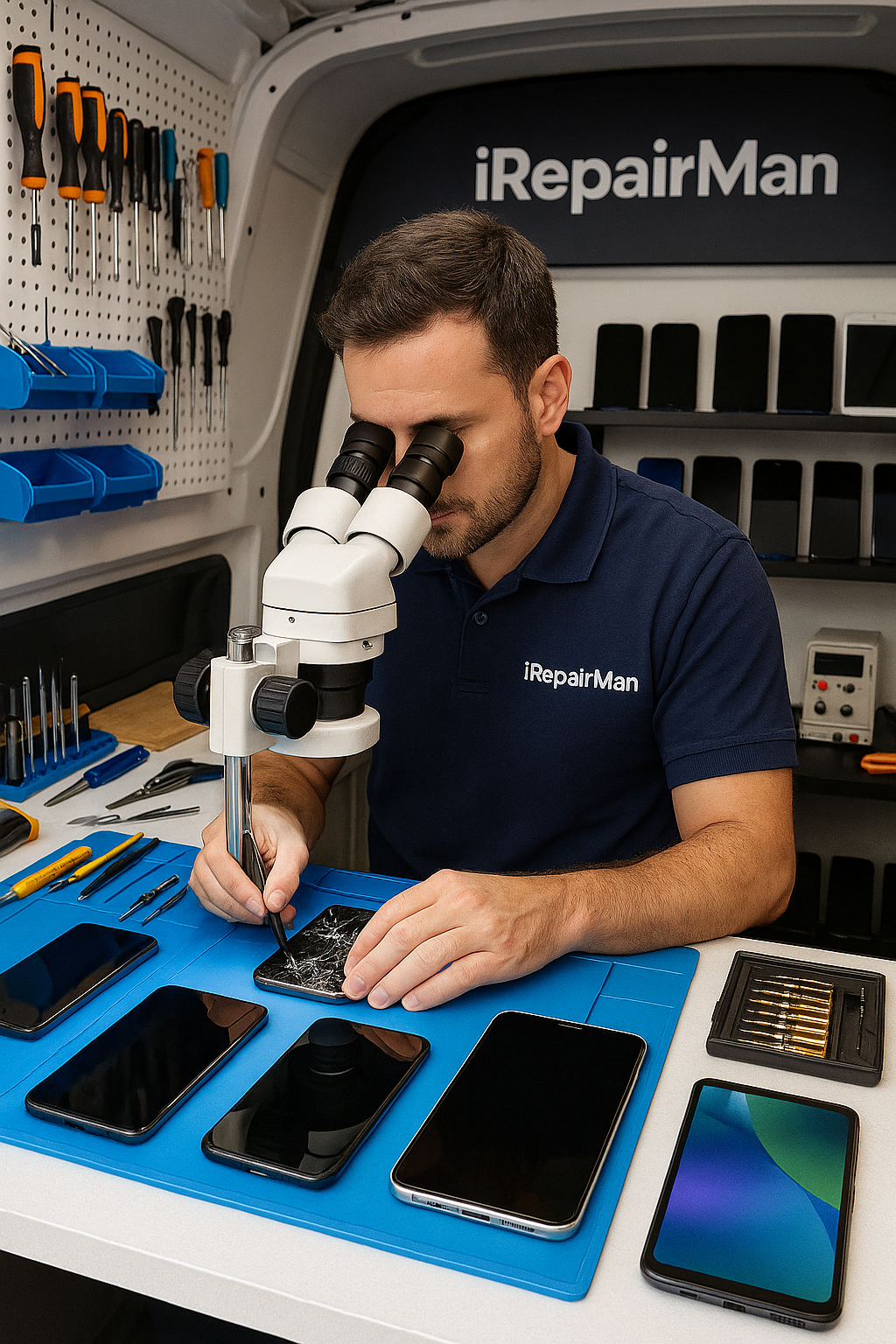 iRepairMan technician repairing an iPhone inside the mobile van workshop near Willesden Green